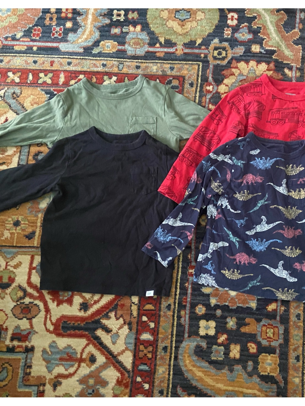 Bundle of 4 GAP Kids Long Sleeve Tees - Green/Black/Firetruck/Dinosaur